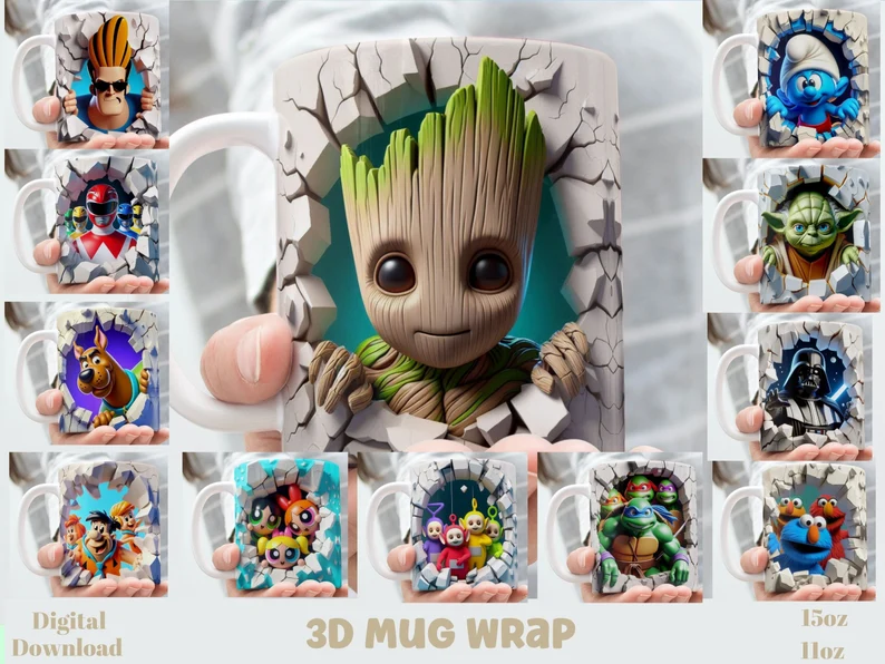 20 Estampas Canecas Personagens 3D
