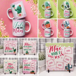 25 Artes para Caneca e Azulejo Dia das Mães Cactos Arquivo em Jpg