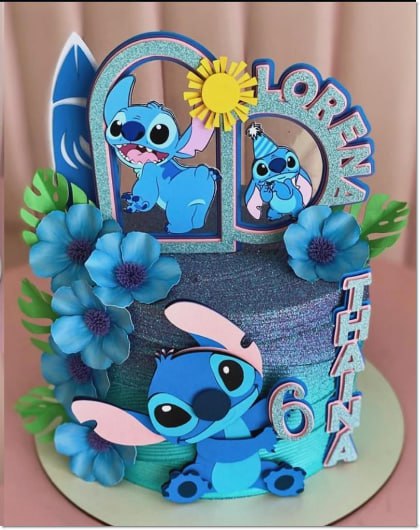 Stitch Portal Flores Azul – Topo de Bolo