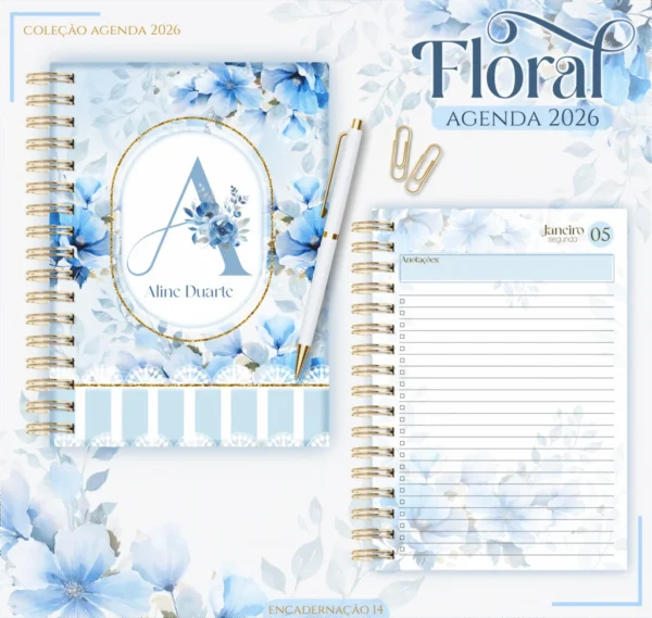 Kit Agendas 2026 – Floral Azul (Lina)