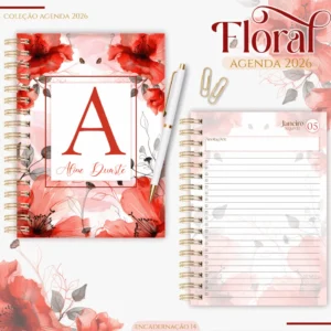 Kit Agendas 2026 – Floral Vermelho (Lina)