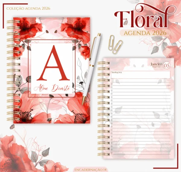 Kit Agendas 2026 – Floral Vermelho (Lina)