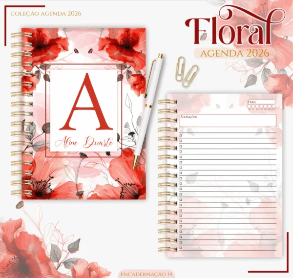 Kit Agendas 2026 – Floral Vermelho (Lina) - Imagem 2