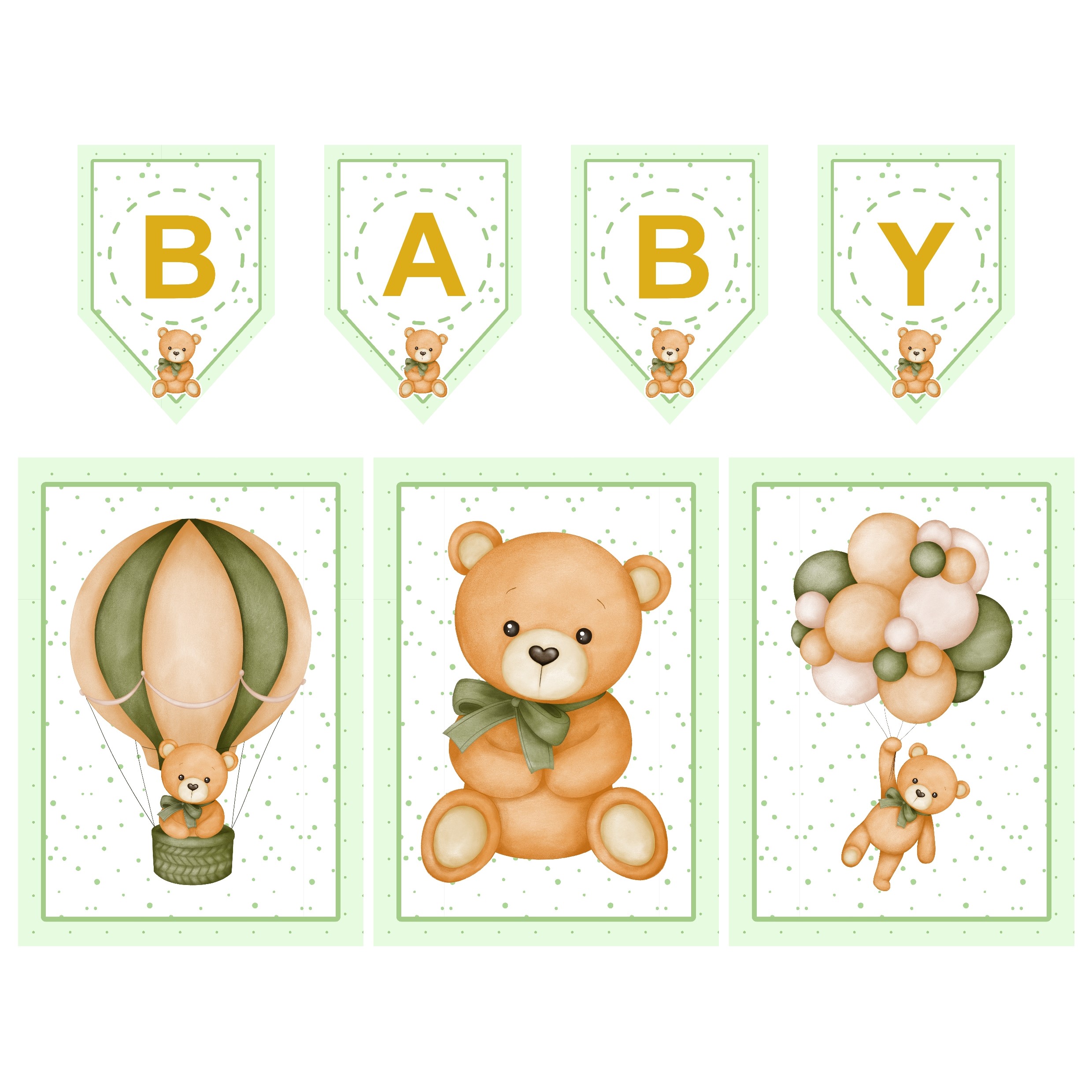 Chá de Bebê Ursinho Verde – Kit Bandeirola + Banners