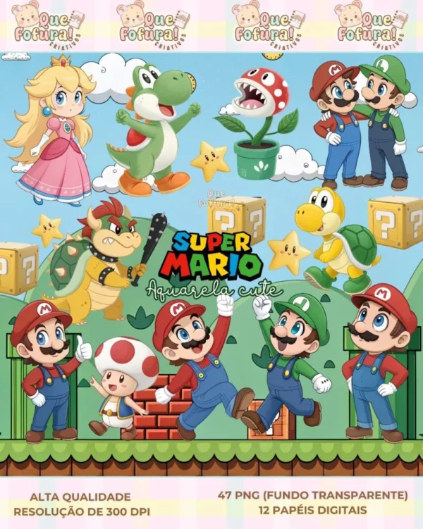Super Mario Aquarela Cute – Kit Digital