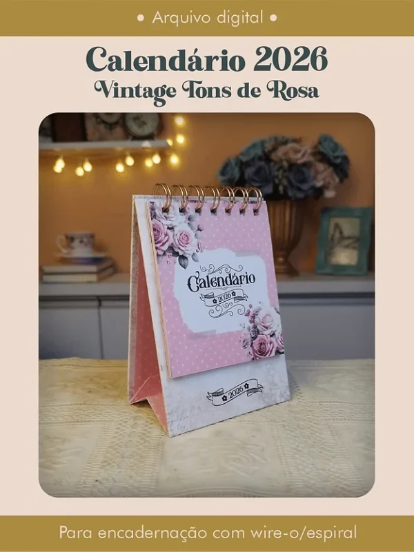 Calendário 2026 Vintage Tons de Rosa