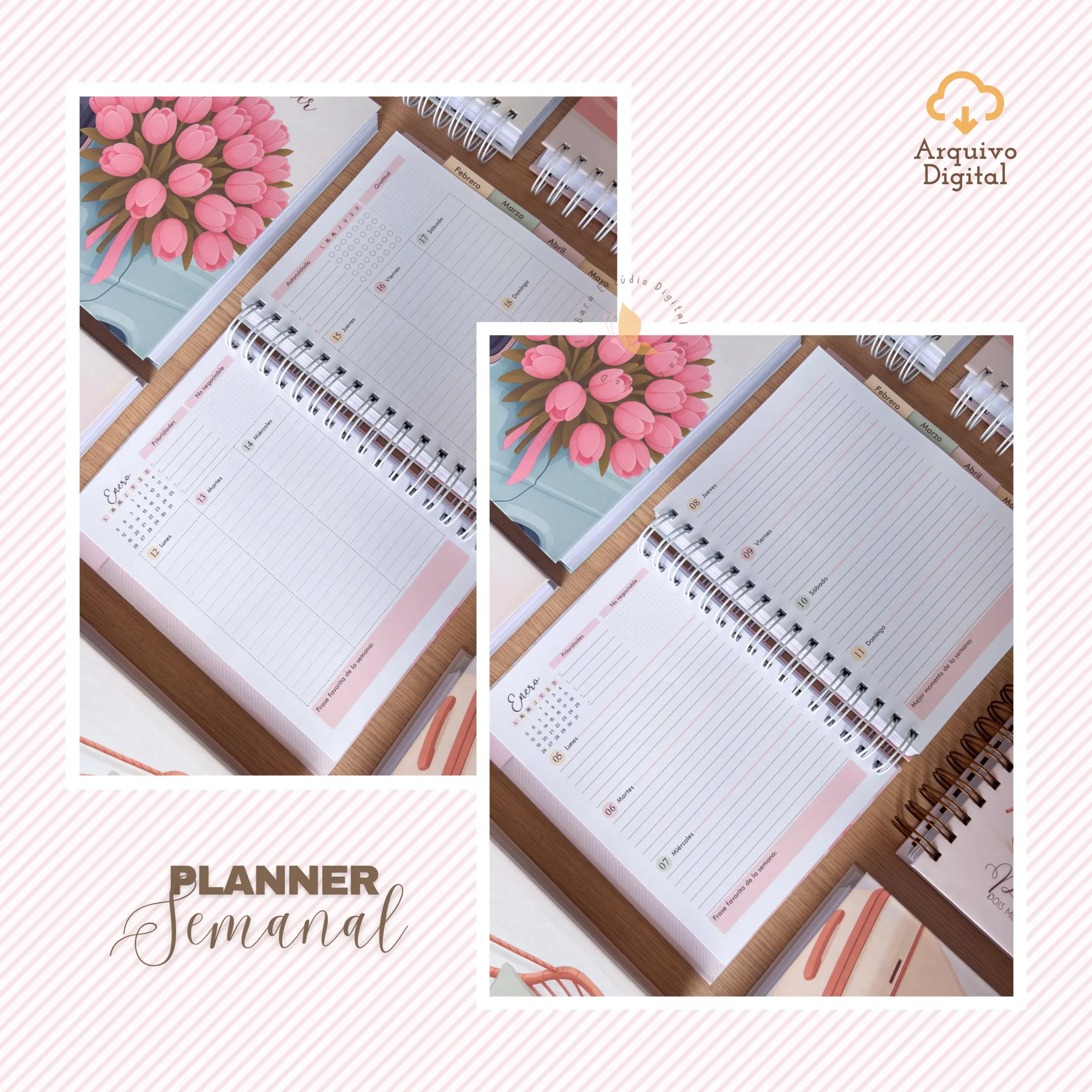 Planner semanal A5 2026 – 2 EN 1 - Español (8 colores) - Sara