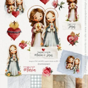 Kit Digital Ilustrações Sagrado Coração: Maria e Jesus - Carinas