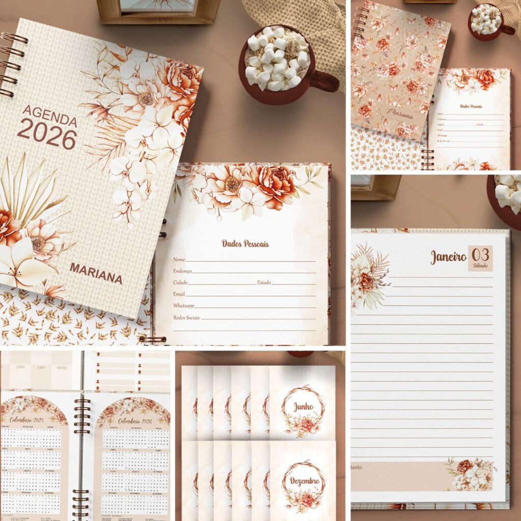 COMBO 4 Agendas 2026 e Permanente Coleção Floral Boho