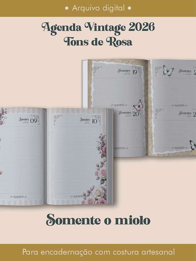 Miolo Agenda Vintage Tons de Rosa 2026 costura (Perfeito Miolo)