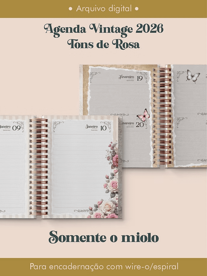 Miolo Agenda Vintage Tons de Rosa 2026 wireo (Perfeito Miolo)