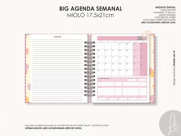 Miolo Big Agenda Visão Semanal 2026 (Moldes da Lê) - Imagem 3