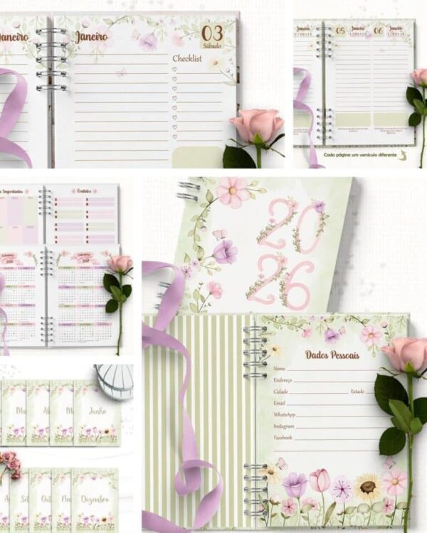 COMBO 8 Agendas 2026 e Permanente com/sem Versículo Floral (Bicho Papel)