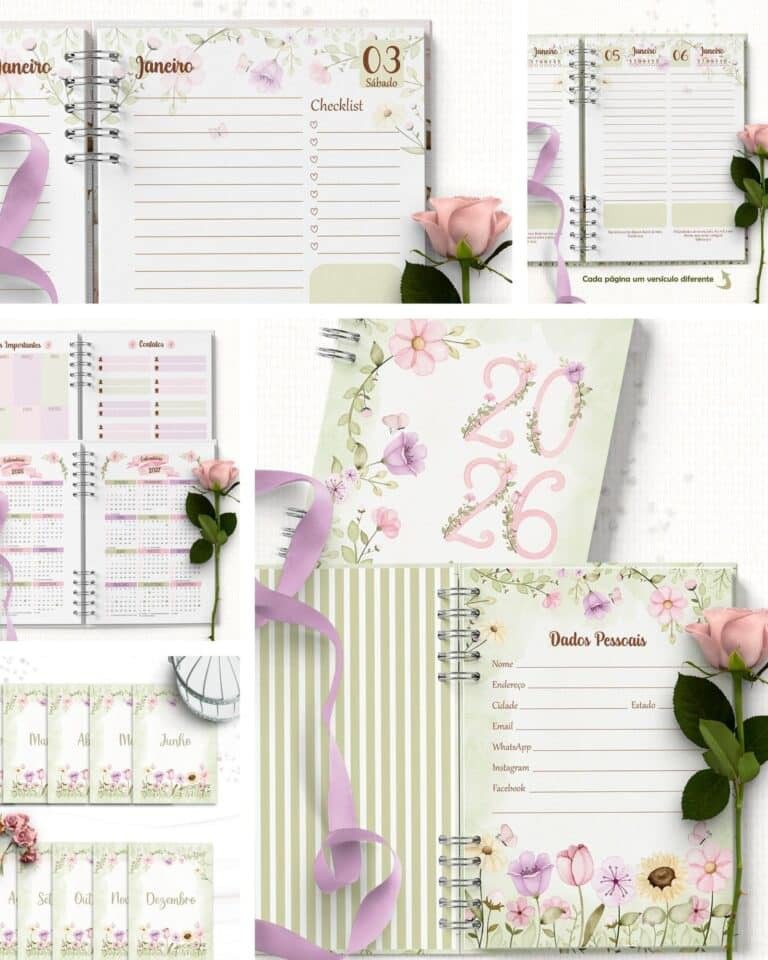 COMBO 8 Agendas 2026 e Permanente com/sem Versículo Floral (Bicho Papel)