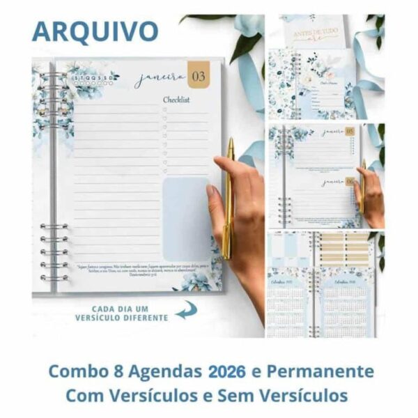 COMBO 8 Agendas 2026 e Permanente com/sem Versículo Floral Azul (Bicho Papel)