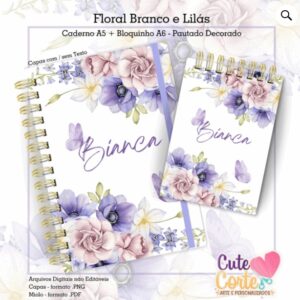 Caderno Pautado A5 + Bloquinho A6 – Flores Branco e Lilás