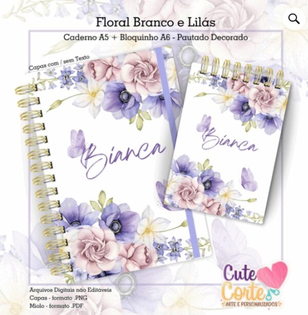Caderno Pautado A5 + Bloquinho A6 – Flores Branco e Lilás