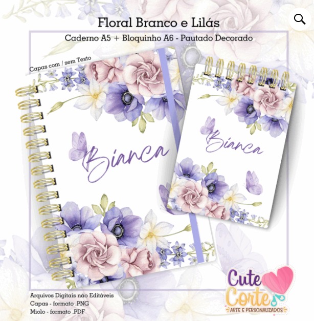 Caderno Pautado A5 + Bloquinho A6 – Flores Branco e Lilás