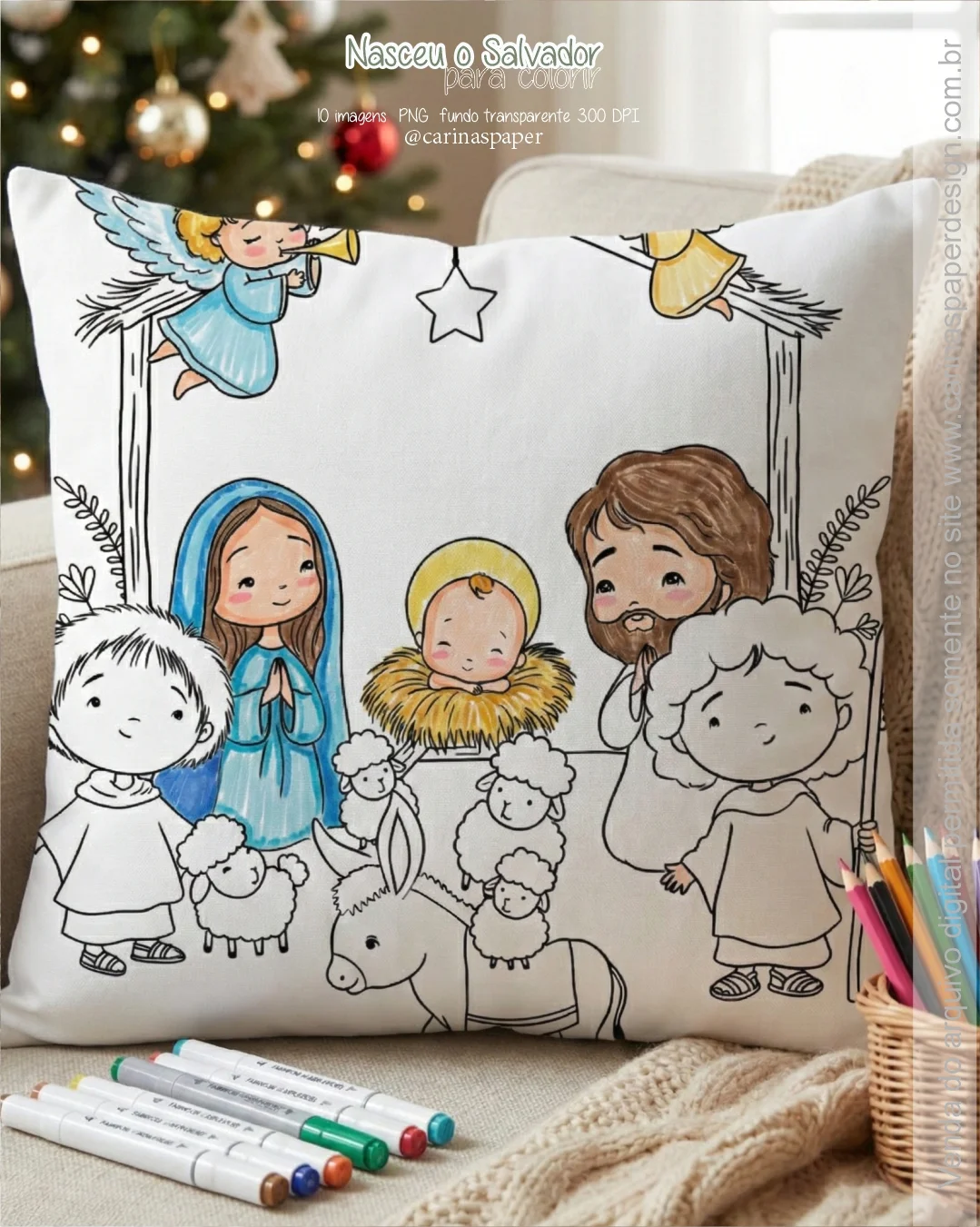 Kit Digital Ilustrações Colorir PNG Nasceu o Salvador - Imagem 3