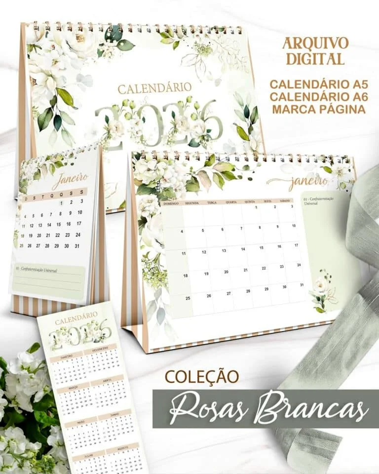Kit Calendários de Mesa 2026 A5 A6 e Calendário Marca Página Coleção Rosas Brancas (Bicho Papel) - Imagem 3
