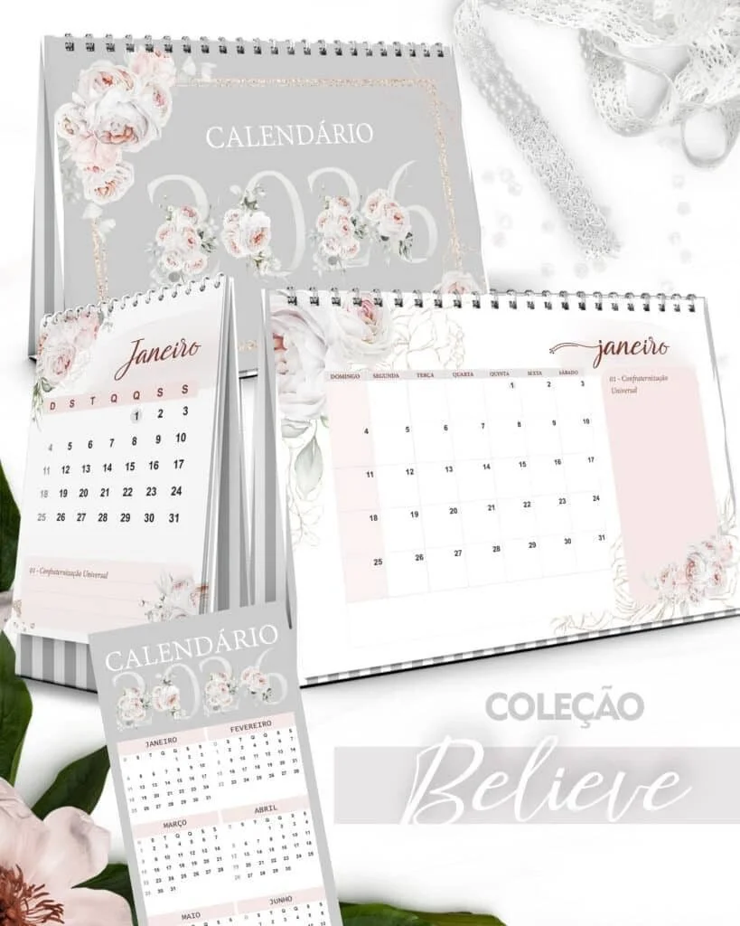 Kit Calendários 2026 de Mesa A5 A6 e Calendário Marca Página Believe (Bicho Papel)